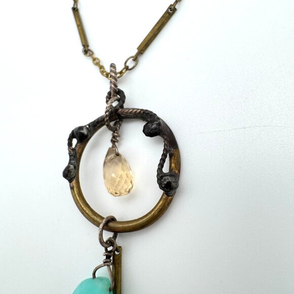 Pavanne Necklace Blue Chalcedony Swarovski Crystal Brass Chain Handcrafted - Picture 6 of 13
